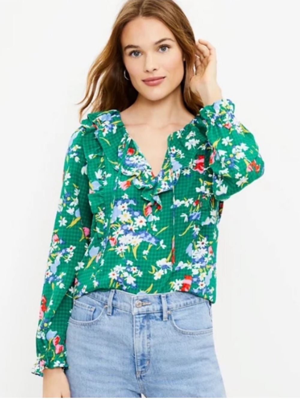 LOFT Green Floral Ruffle Tie Neck Long Sleeve Blouse XXSP Cottagecore
